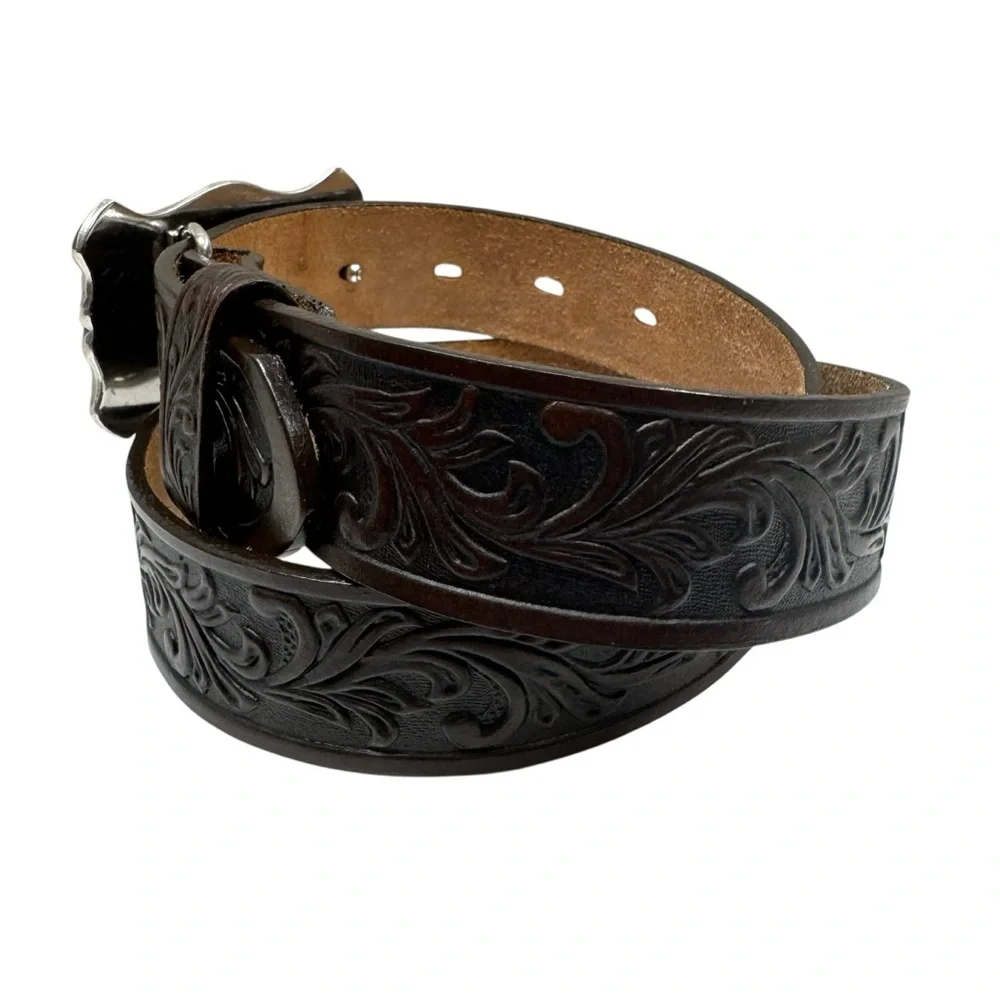 Tony Lama Kids LITTLE TEXAS Tooled Leather Western Belt USA Size 28 Top Grain